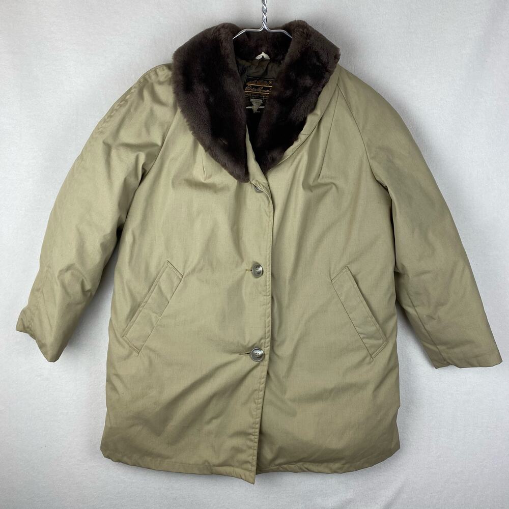 Vintage Eddie Bauer Coat Size XL Tan Goose Down Faux Fur Collar Button Up Parka